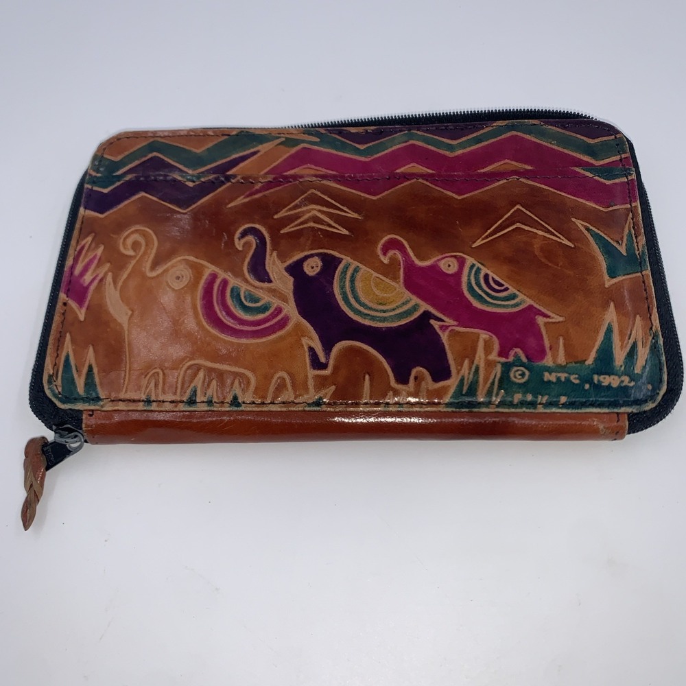 Vintage Handmade Wallet Elephant Multicolored Tooled Leather MTC 1992 Zippered